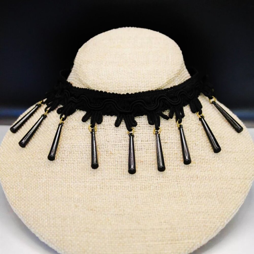 VANESSA MOONEY of LA Black Lace Oblong Dangling Beaded Choker Necklace RETIRED